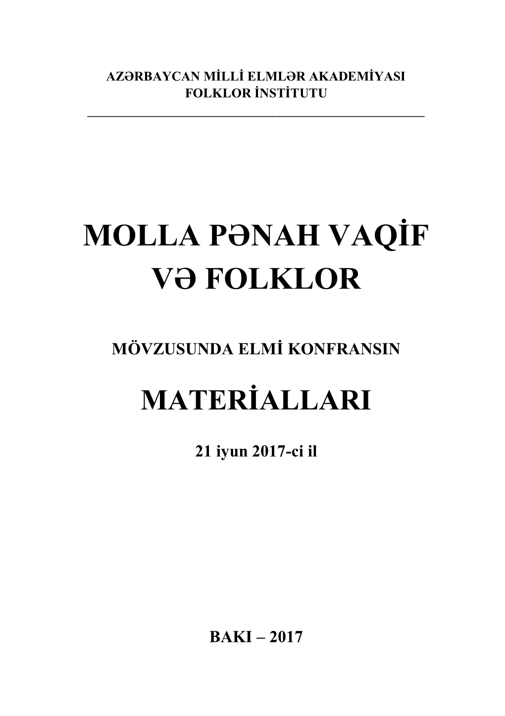 Molla Pənah Vaqġf Və Folklor