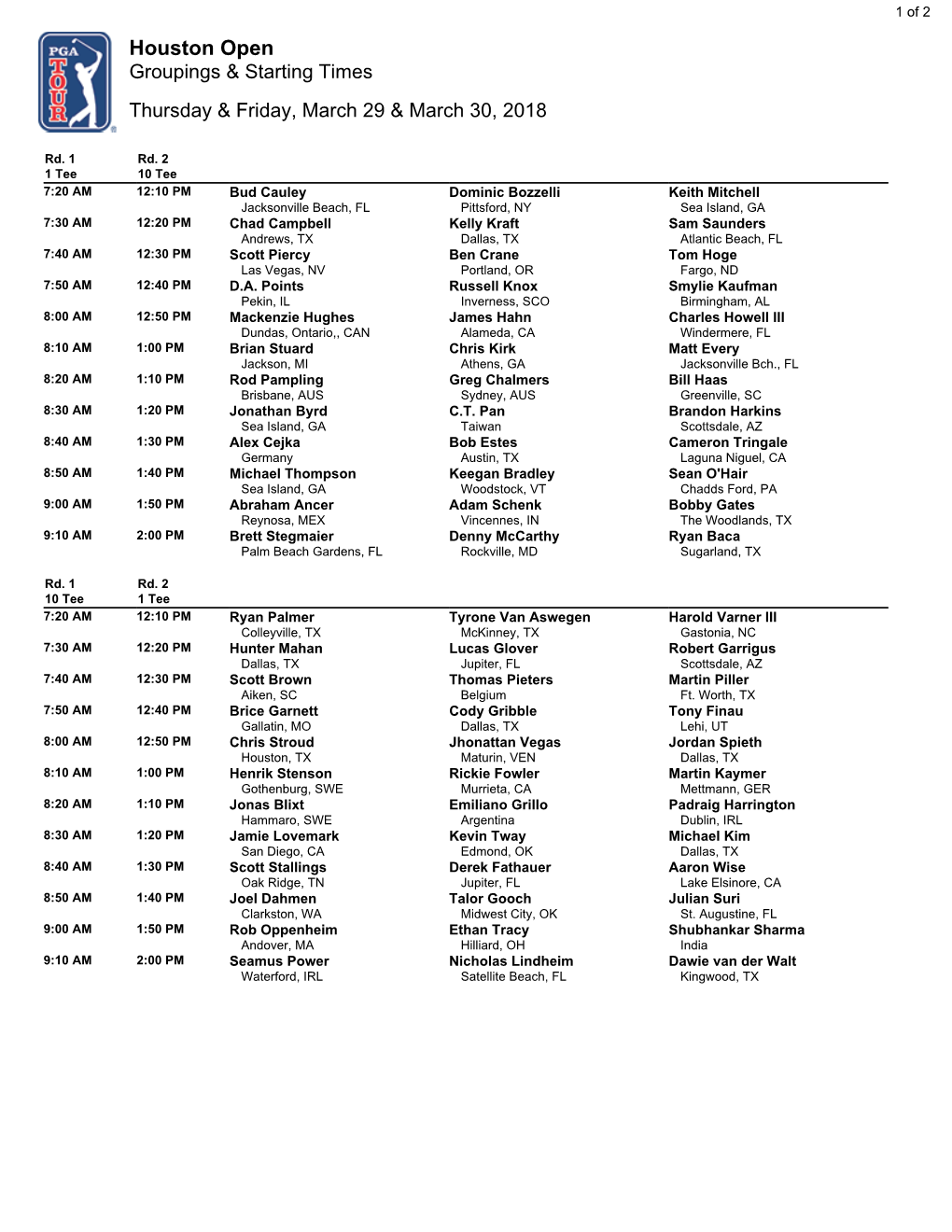 Houston Open Groupings & Starting Times Thursday & Friday, March 29 & March 30, 2018