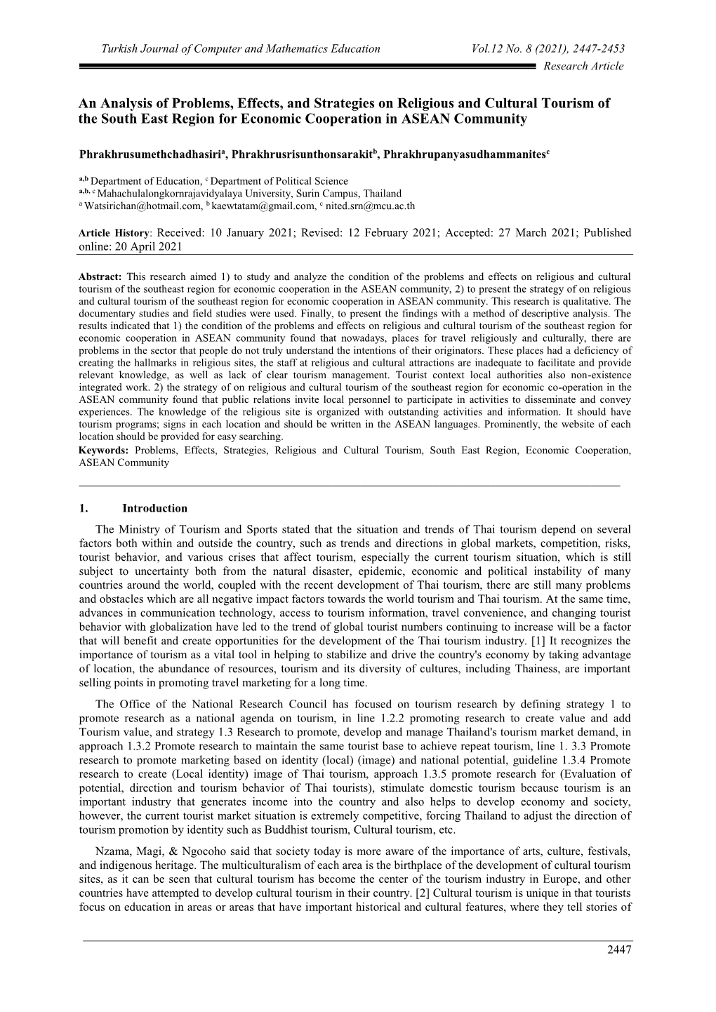 An Analysis of Problems, Effects, and Strategies on Religious and Cultural Tourism of the South East Region for Economic Cooperation in ASEAN Community