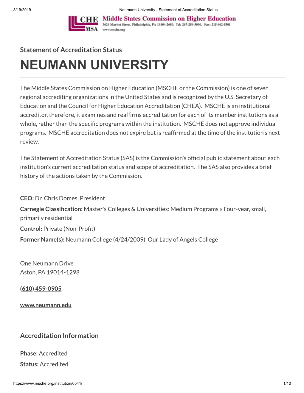 Neumann University - Statement of Accreditation Status