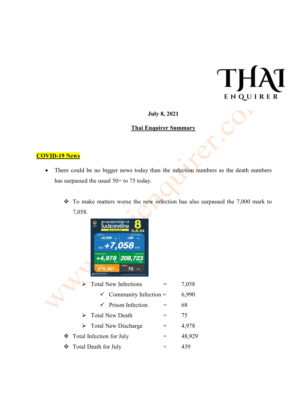 July 8, 2021 Thai Enquirer Summary COVID-19 News