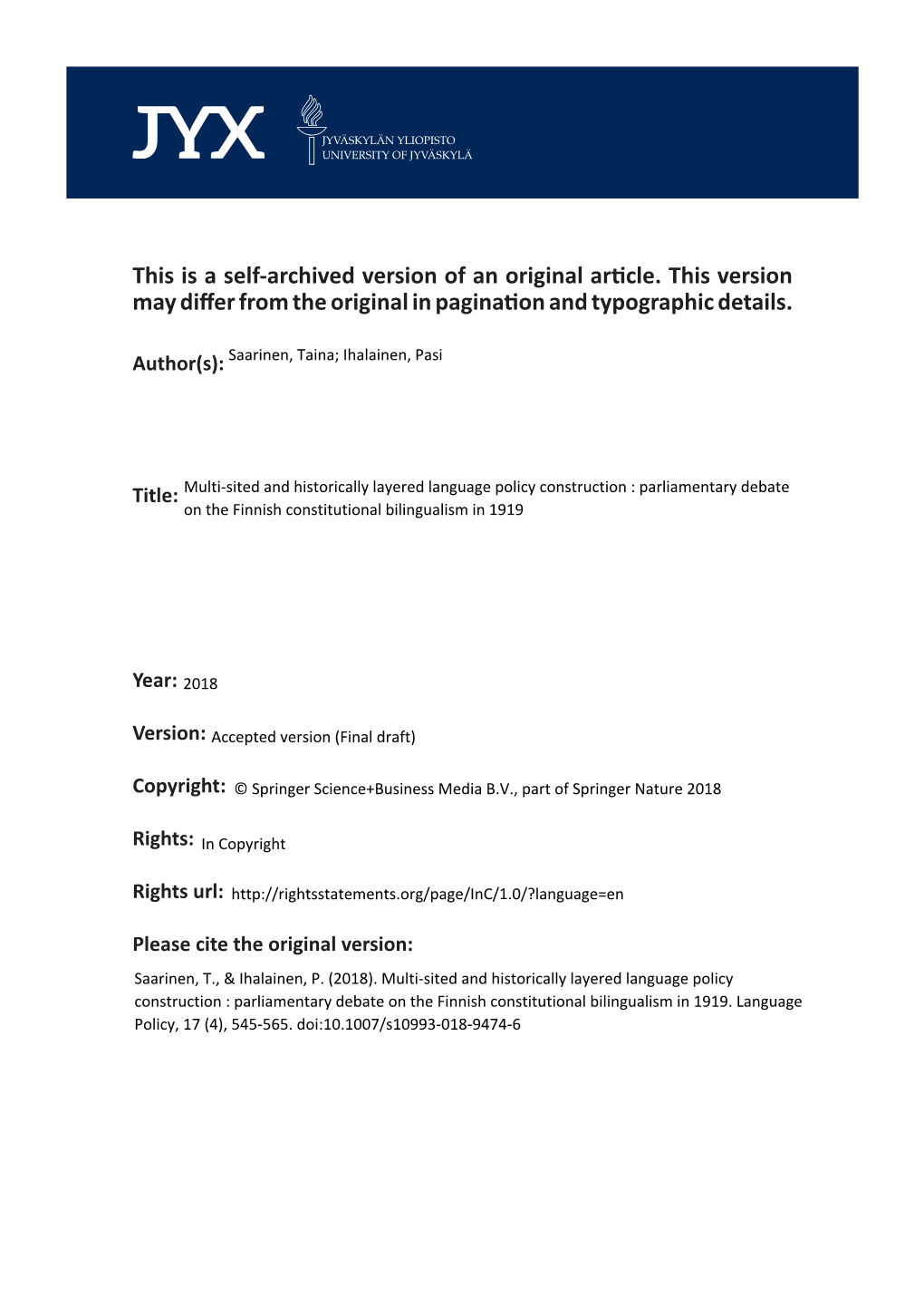 This Is a Self-Archived Version of an Original Article. This Version May Differ from the Original in Pagination and Typographic Details