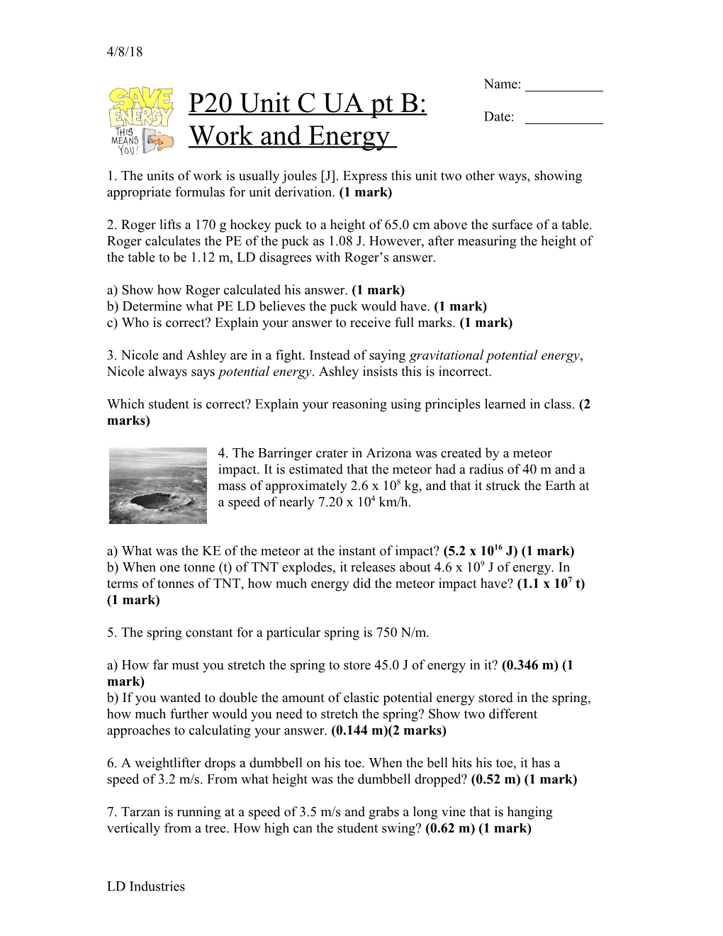 Physics 20 Work and Energy Unit Assignment