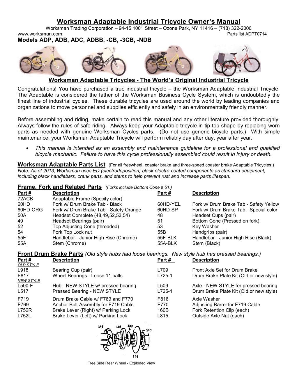 Worksman Adaptable Industrial Tricycle Owner's Manual