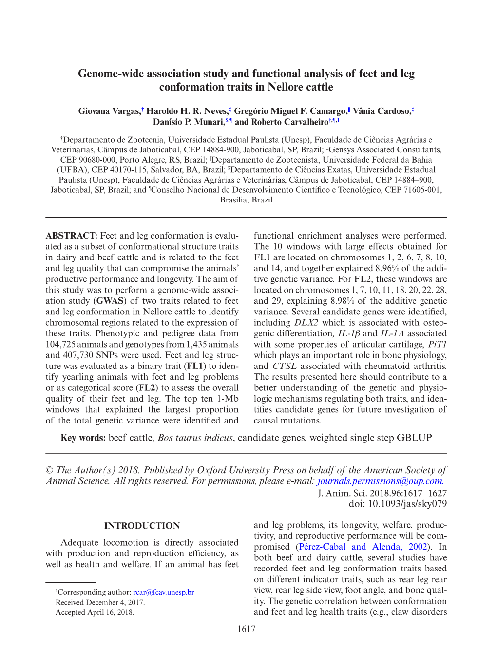 Genome-Wide Association Study and Functional Analysis of Feet and Leg Conformation Traits in Nellore Cattle