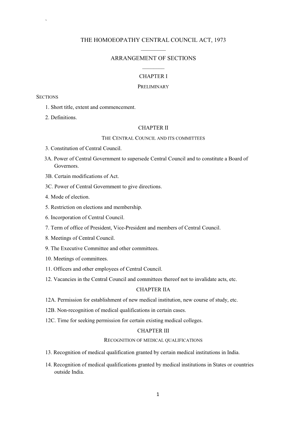 The Homoeopathy Central Council Act, 1973 ______Arrangement of Sections ______Chapter I