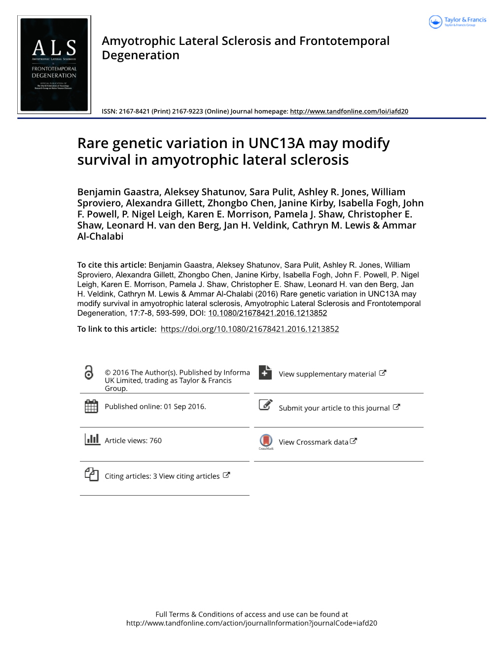 Rare Genetic Variation in UNC13A May Modify Survival in Amyotrophic Lateral Sclerosis