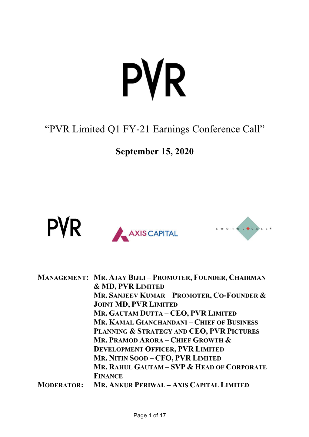 “PVR Limited Q1 FY-21 Earnings Conference Call”