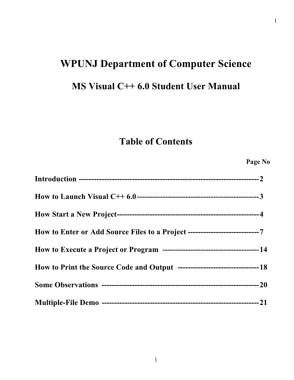 MS Visual C++ 6.0 Student User Manual Table of Contents