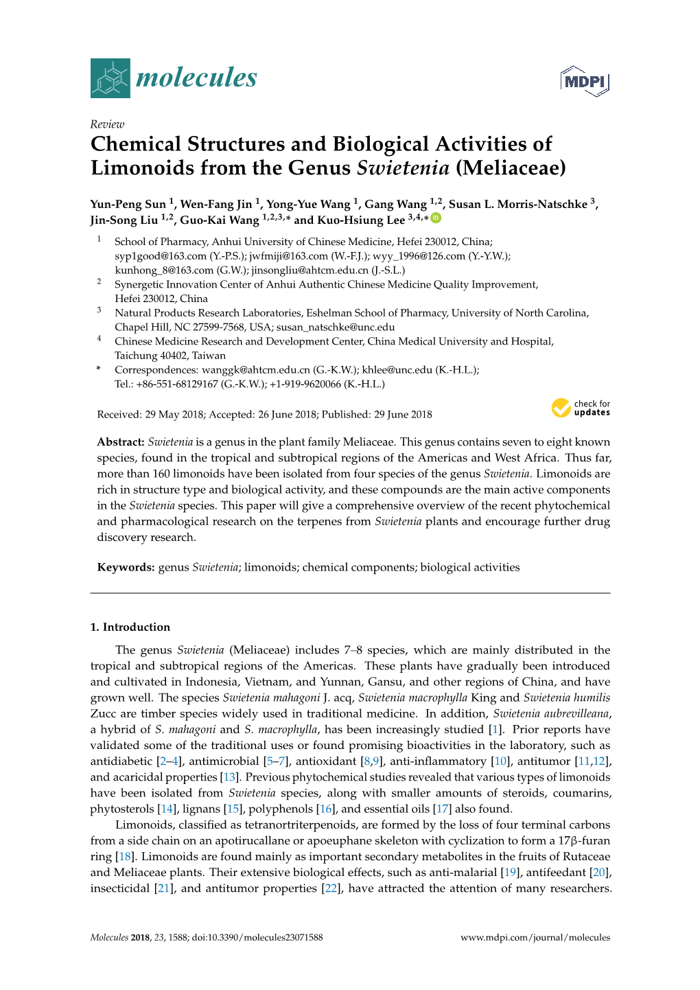 Chemical Structures and Biological Activities of Limonoids from the Genus Swietenia (Meliaceae)