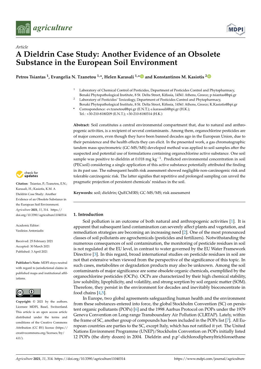 A Dieldrin Case Study: Another Evidence of an Obsolete Substance in the European Soil Environment