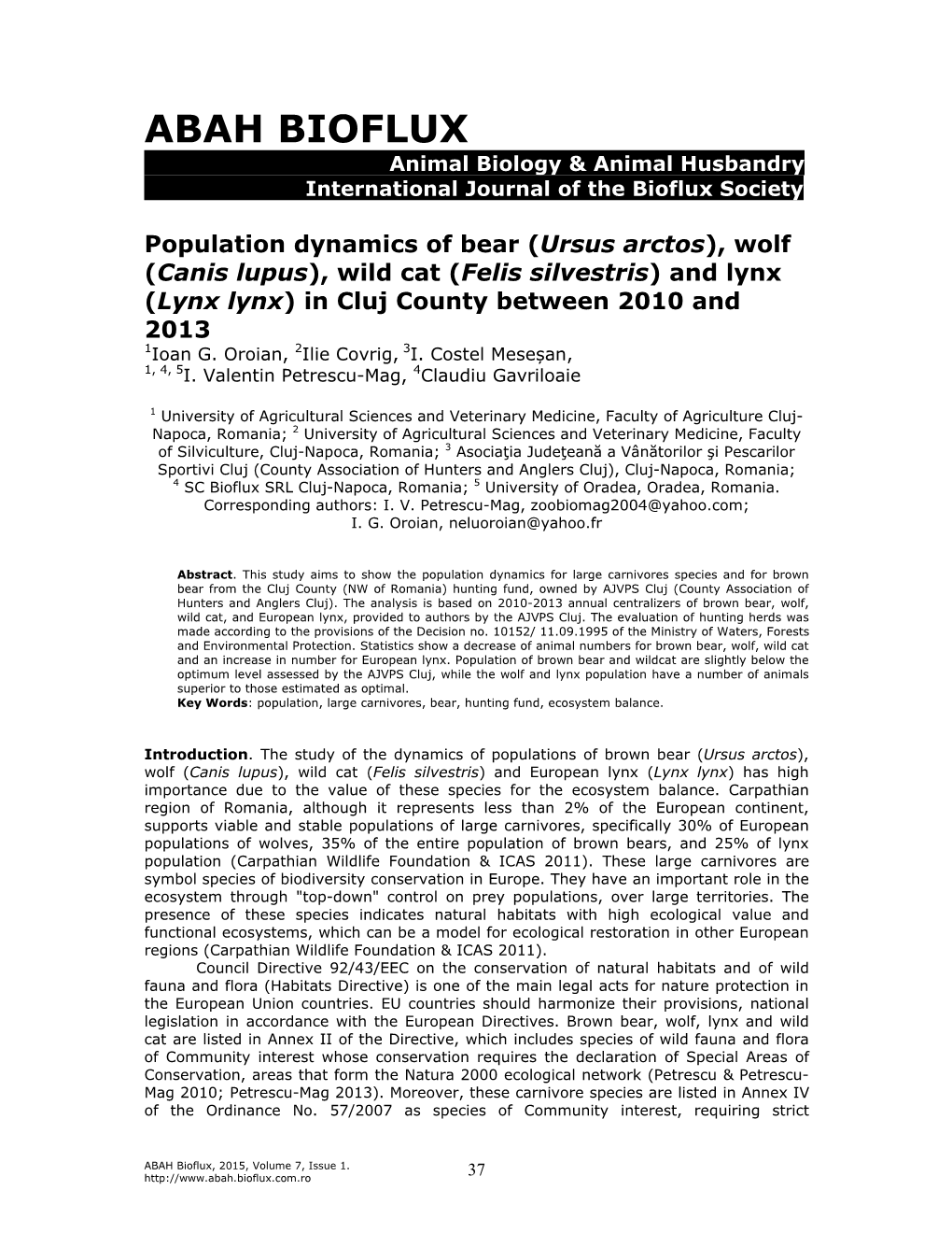 Ursus Arctos), Wolf (Canis Lupus), Wild Cat (Felis Silvestris) and Lynx (Lynx Lynx) in Cluj County Between 2010 and 2013 1Ioan G