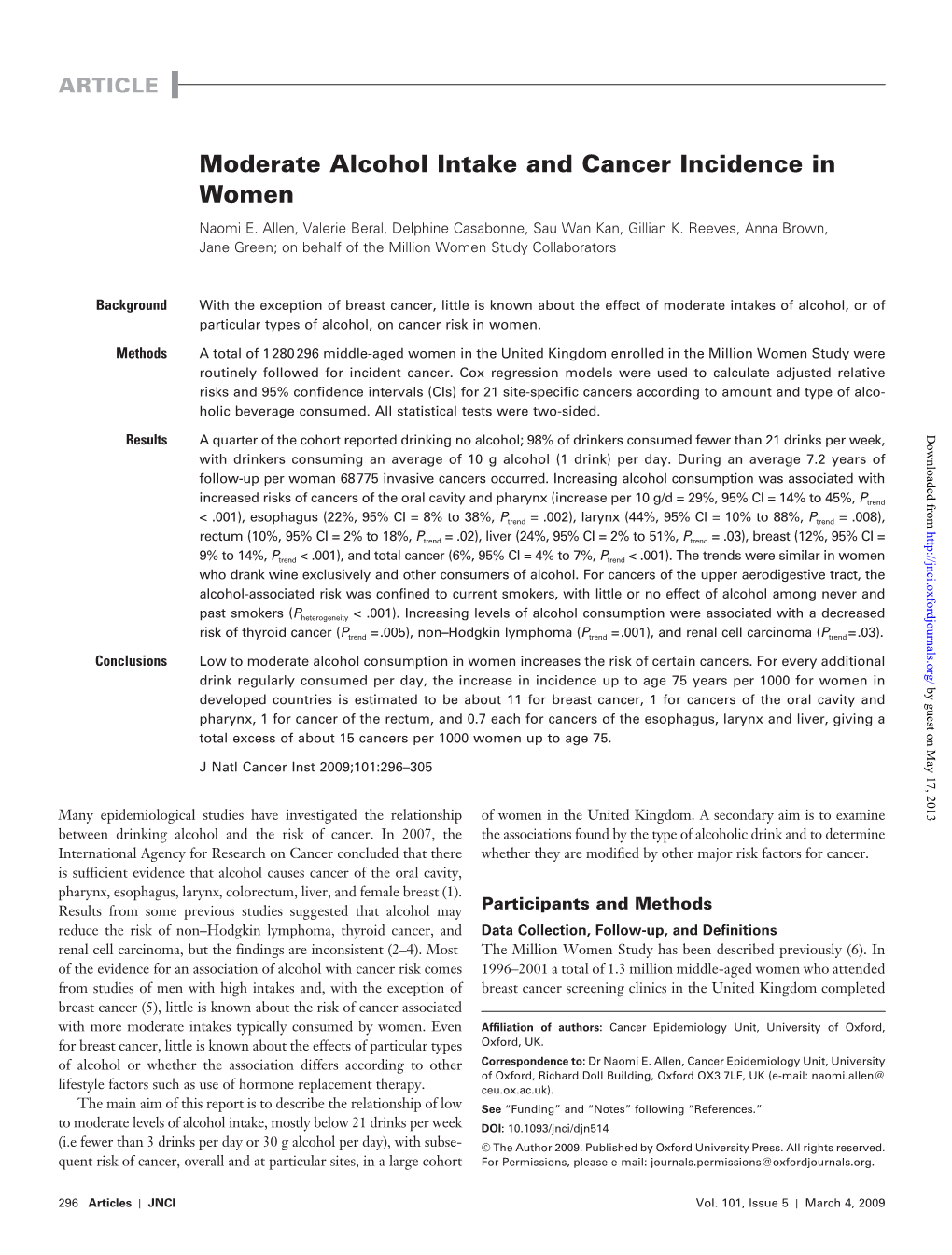 Moderate Alcohol Intake and Cancer Incidence in Women Naomi E