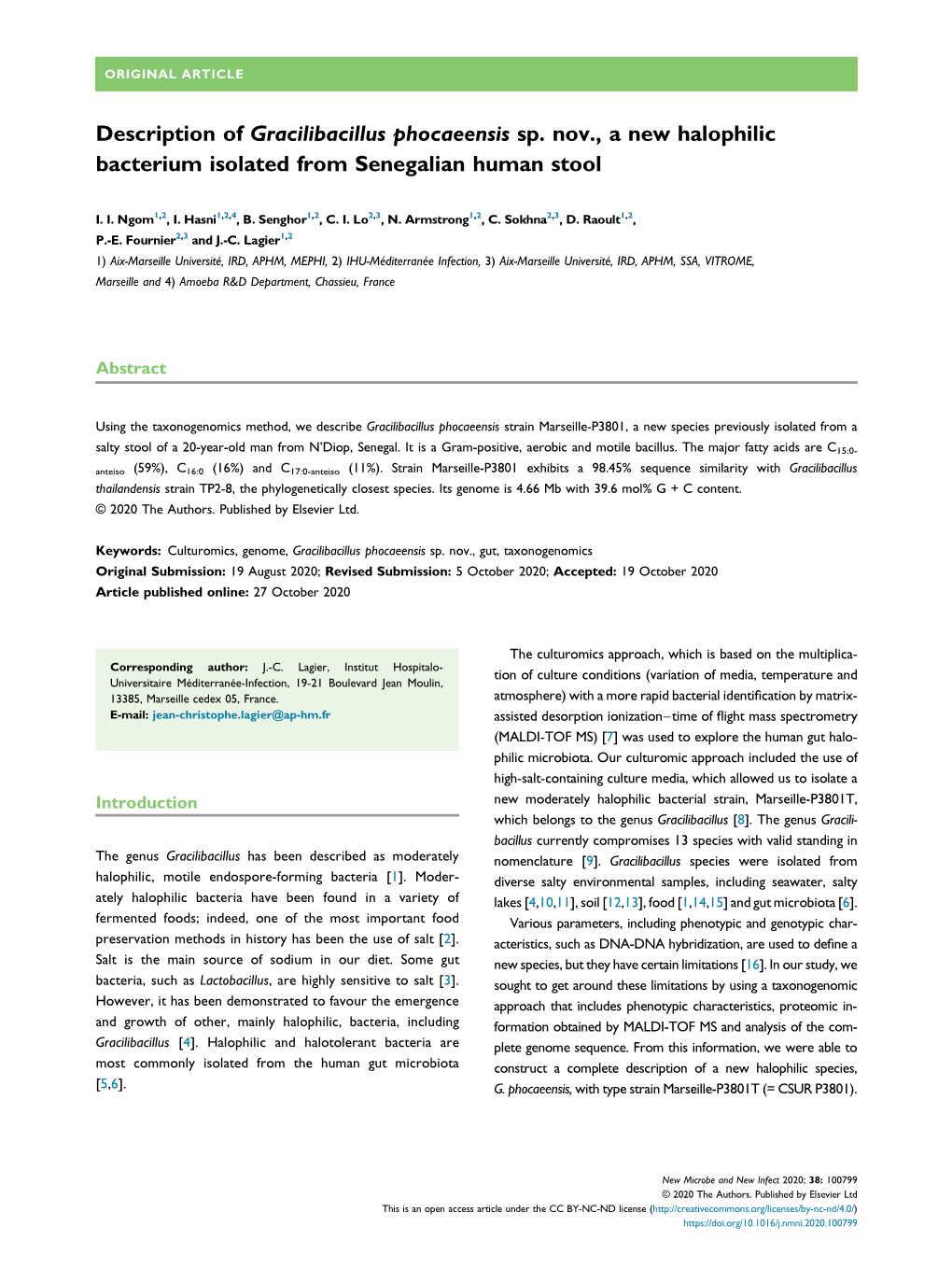 Description of Gracilibacillus Phocaeensis Sp. Nov., a New Halophilic Bacterium Isolated from Senegalian Human Stool