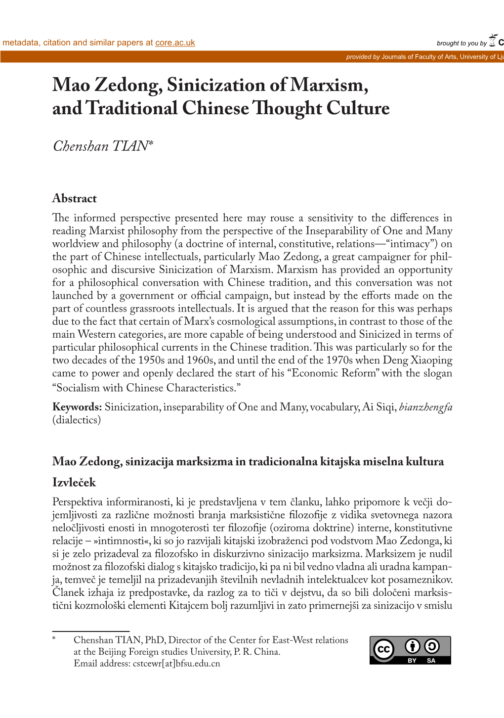 Mao Zedong, Sinicization of Marxism, and Traditional Chinese Thought Culture