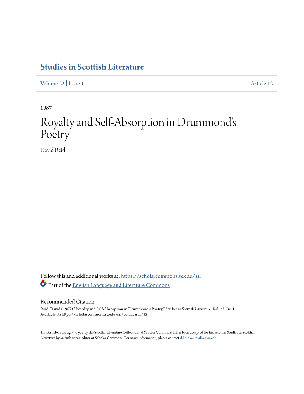 Royalty and Self-Absorption in Drummond's Poetry David Reid