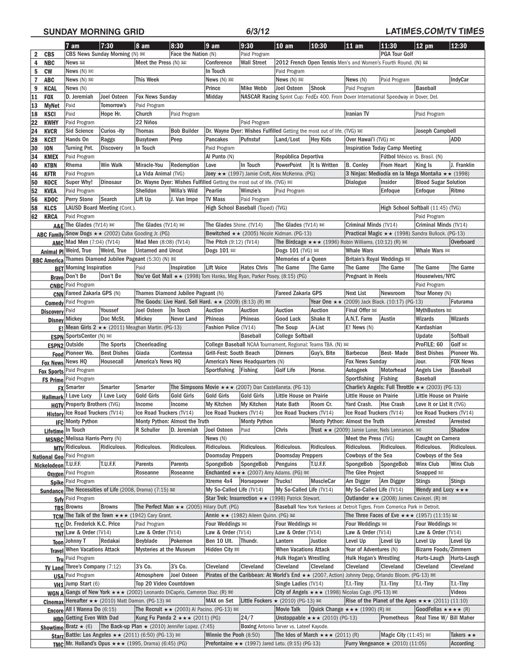 Sunday Morning Grid 6/3/12 Latimes.Com/Tv Times