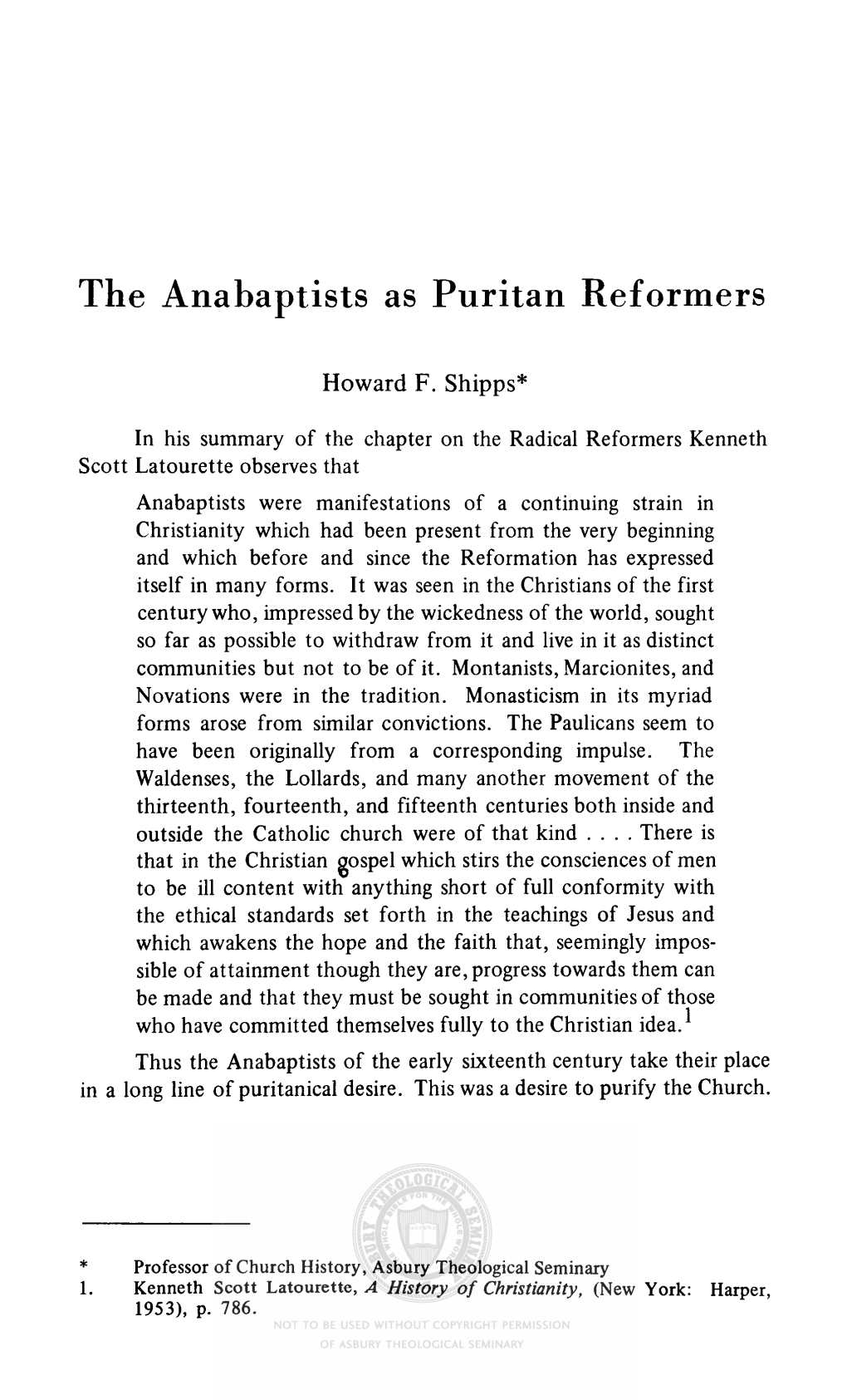 The Anabaptists As Puritan Reformers