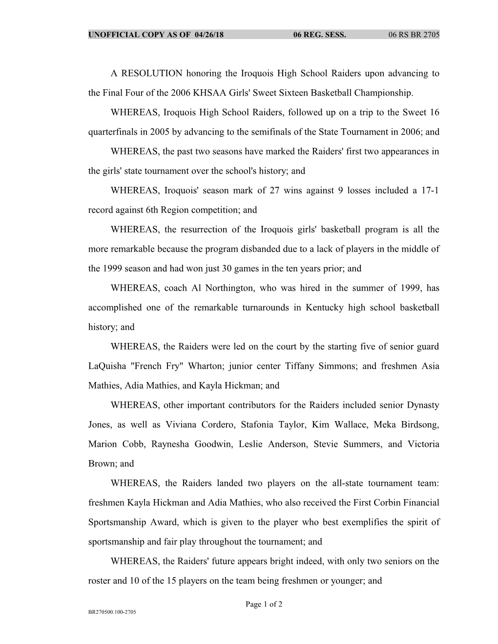 Unofficial Copy As of 04/10/06 06 Reg. Sess. 06 Rs Br 2705