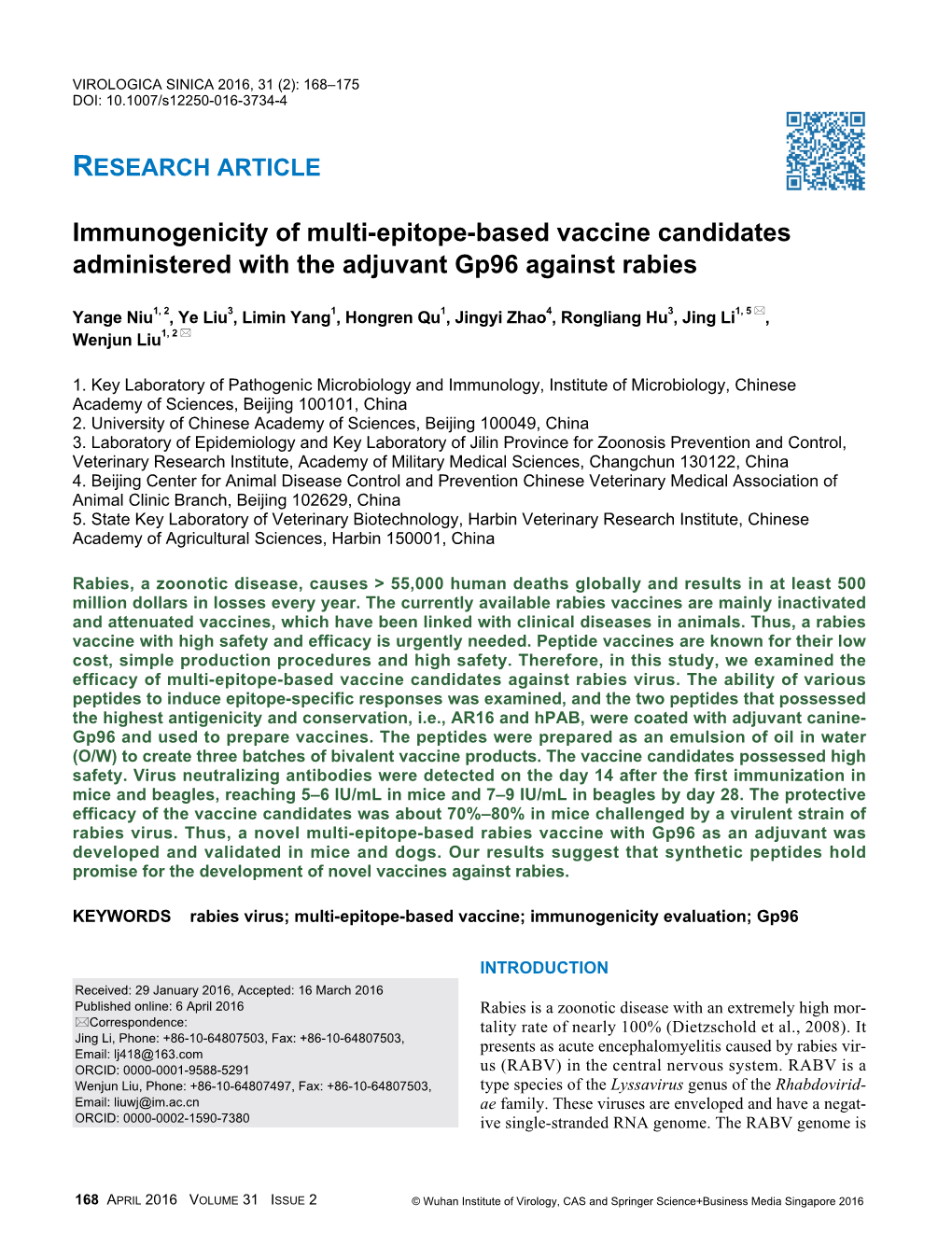 Immunogenicity of Multi-Epitope-Based Vaccine Candidates Administered with the Adjuvant Gp96 Against Rabies