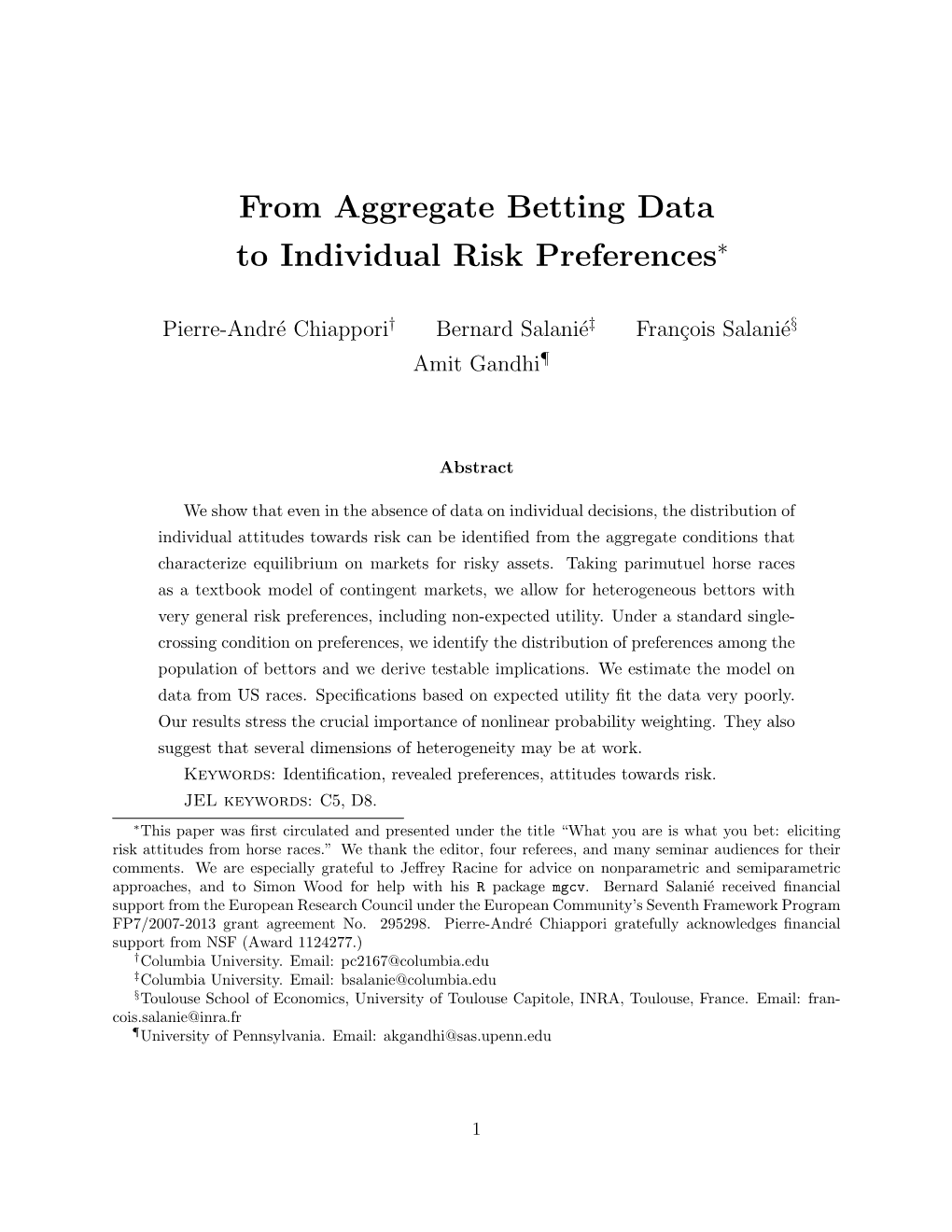 From Aggregate Betting Data to Individual Risk Preferences∗