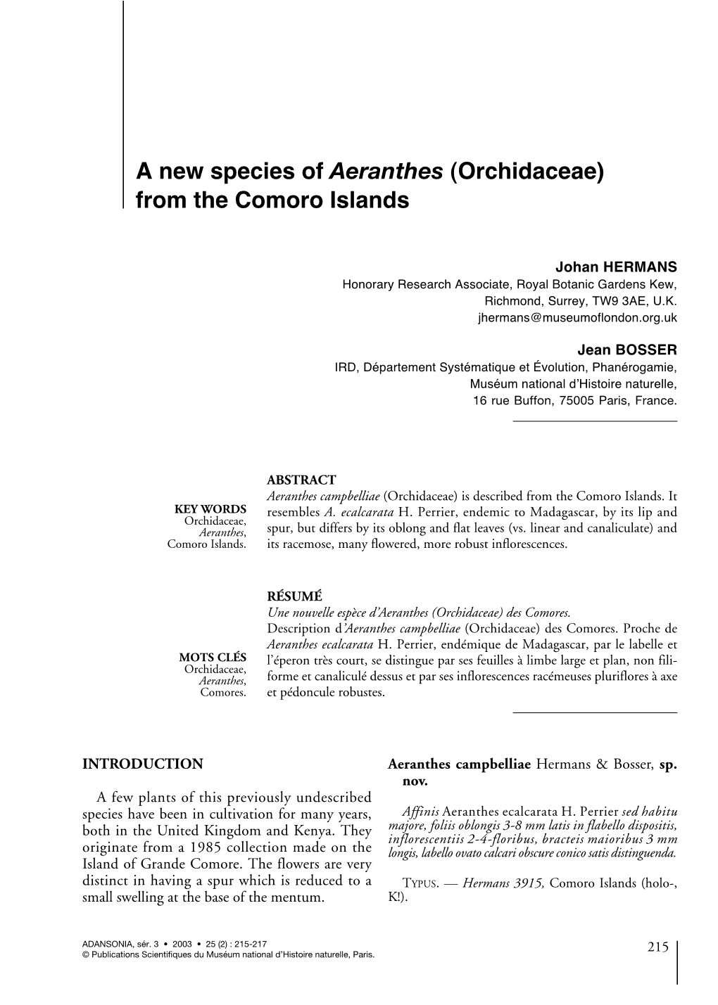 A New Species of Aeranthes (Orchidaceae) from the Comoro Islands