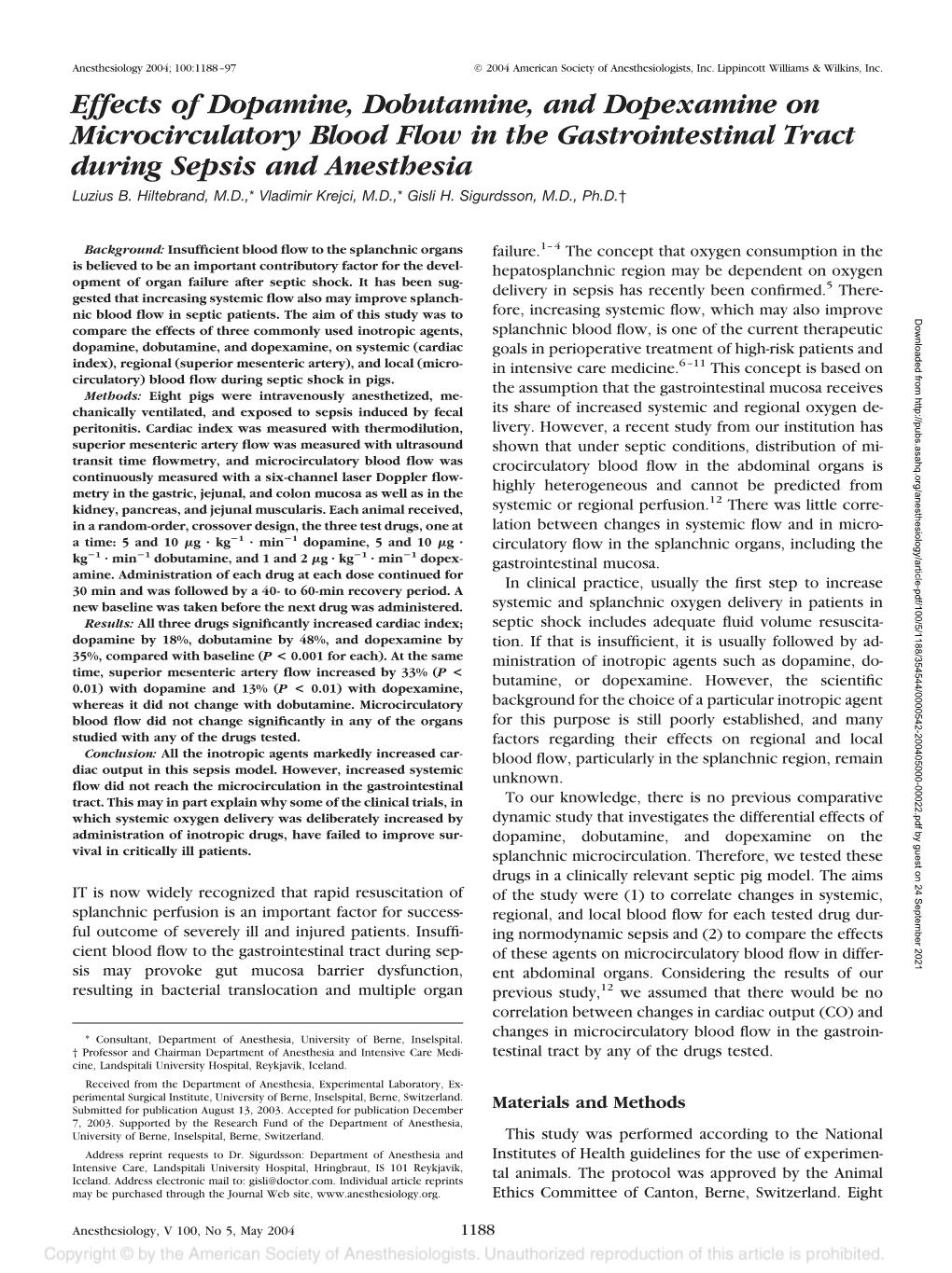 Effects of Dopamine, Dobutamine, and Dopexamine on Microcirculatory Blood Flow in the Gastrointestinal Tract During Sepsis and Anesthesia Luzius B