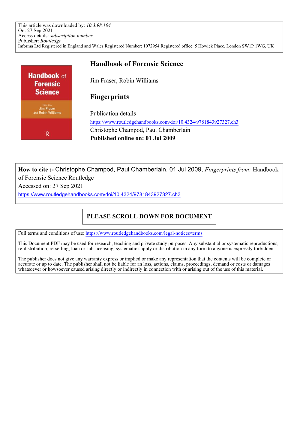 Handbook of Forensic Science Fingerprints