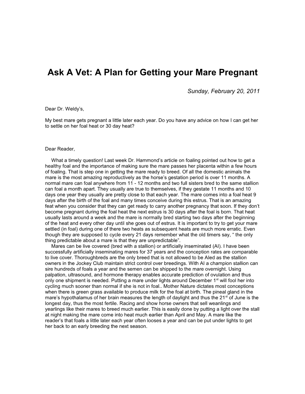 Ask a Vet: a Plan for Getting Your Mare Pregnant