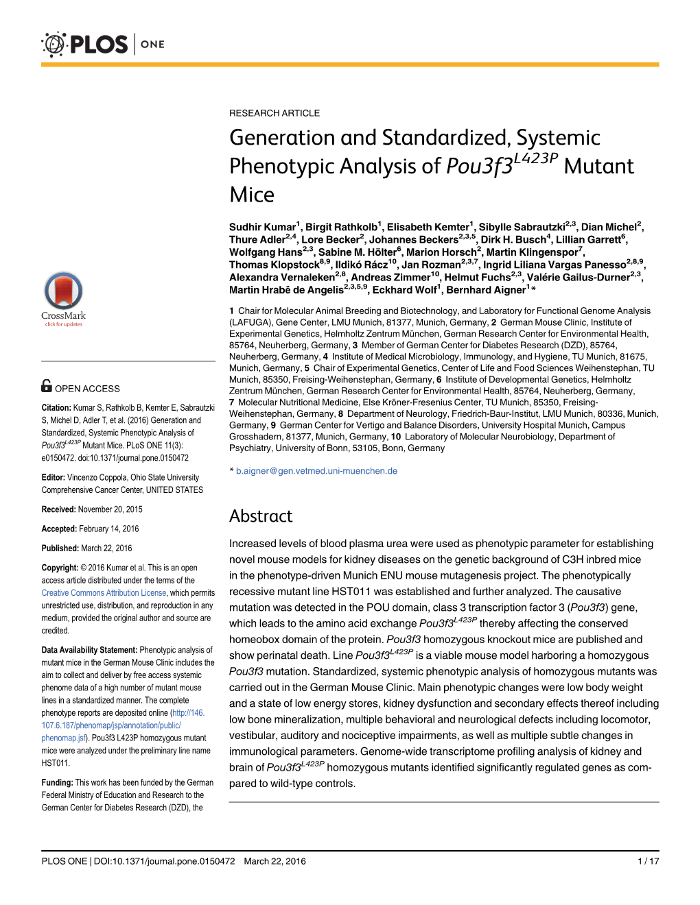 Generation and Standardized, Systemic Phenotypic Analysis of Pou3f3l423p Mutant Mice