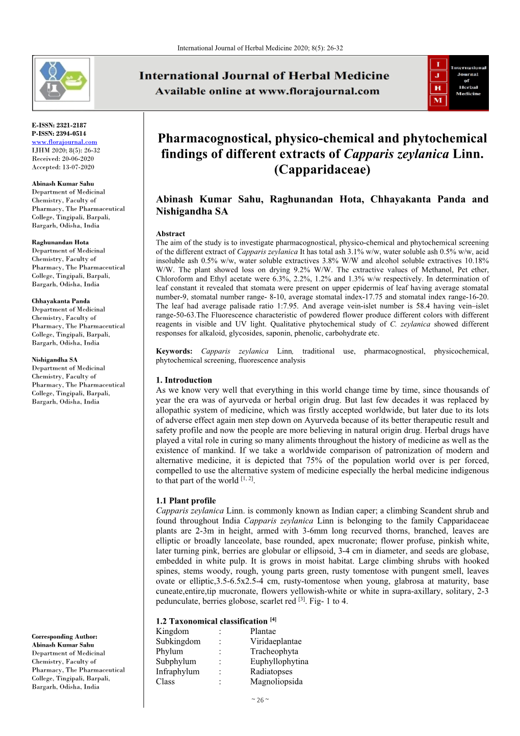 Pharmacognostical, Physico-Chemical and Phytochemical Findings Of