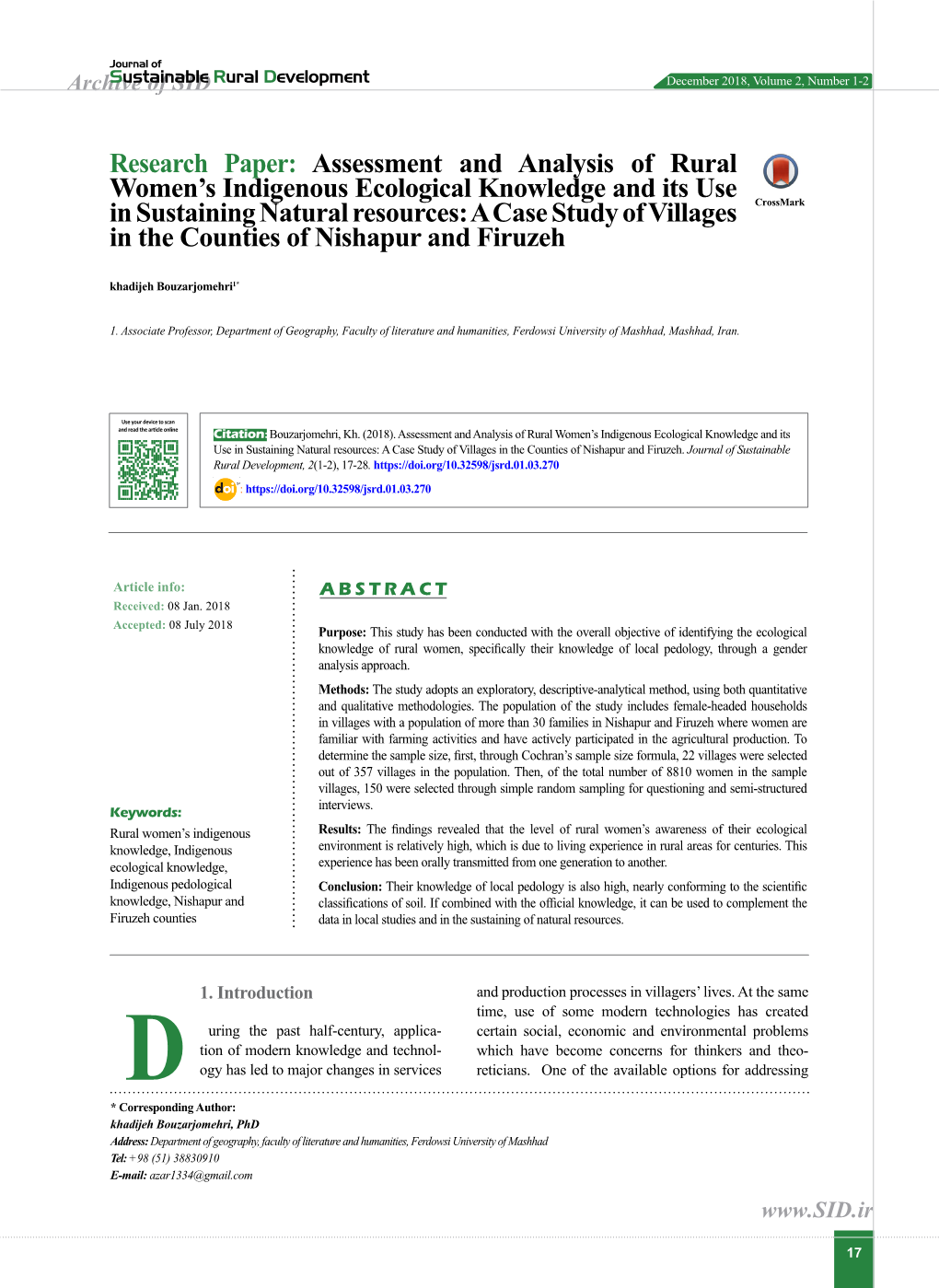 Assessment and Analysis of Rural Women's Indigenous Ecological