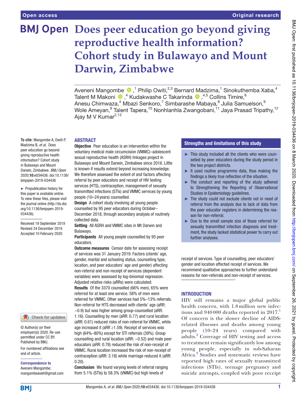 Cohort Study in Bulawayo and Mount Darwin, Zimbabwe