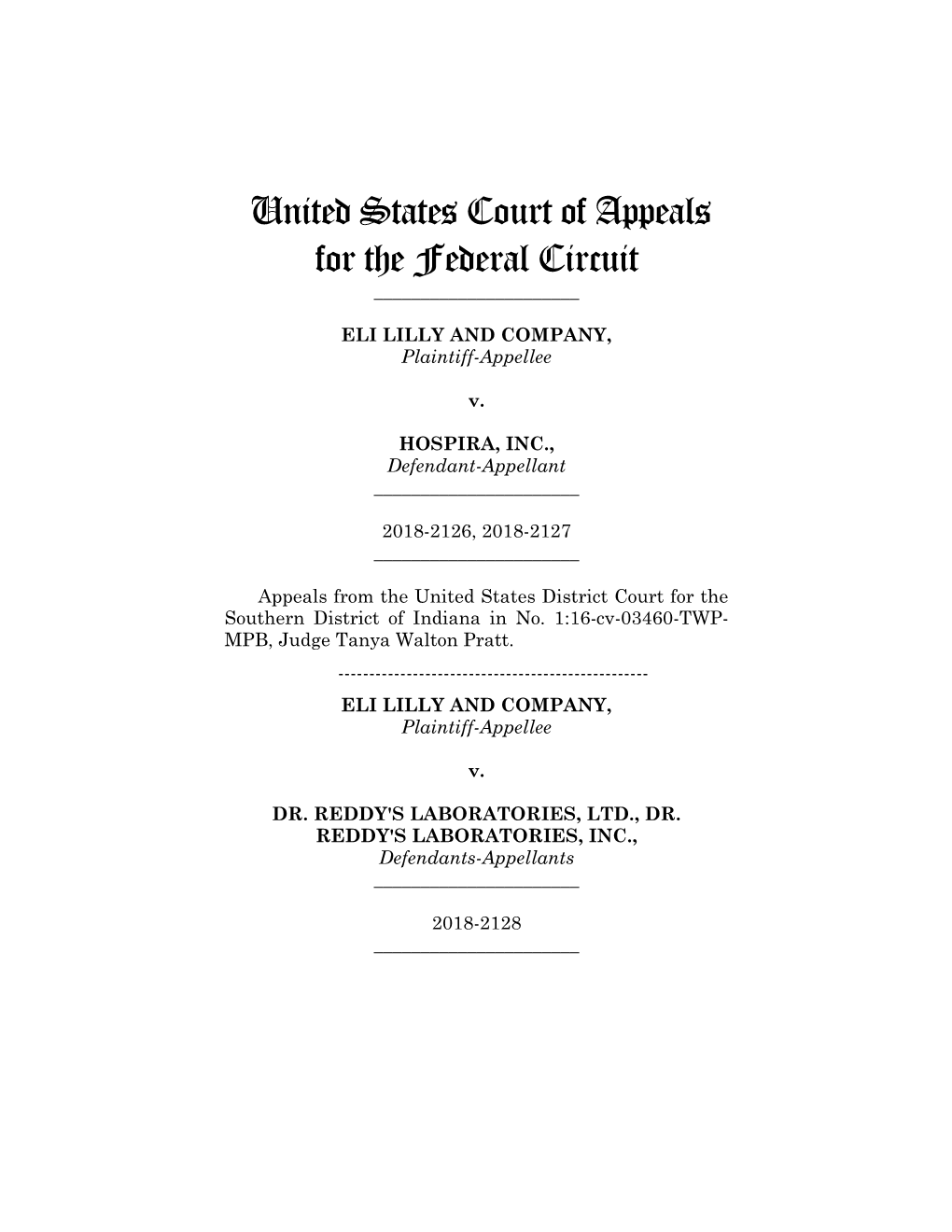 Eli Lilly & Co. V. Hospira, Inc