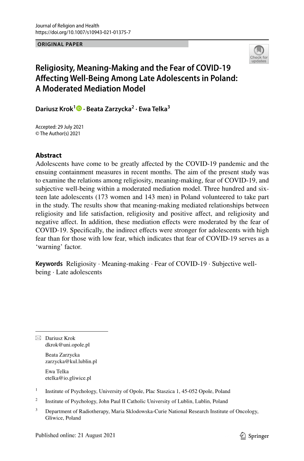 Religiosity, Meaning-Making and the Fear of COVID-19 Affecting Well