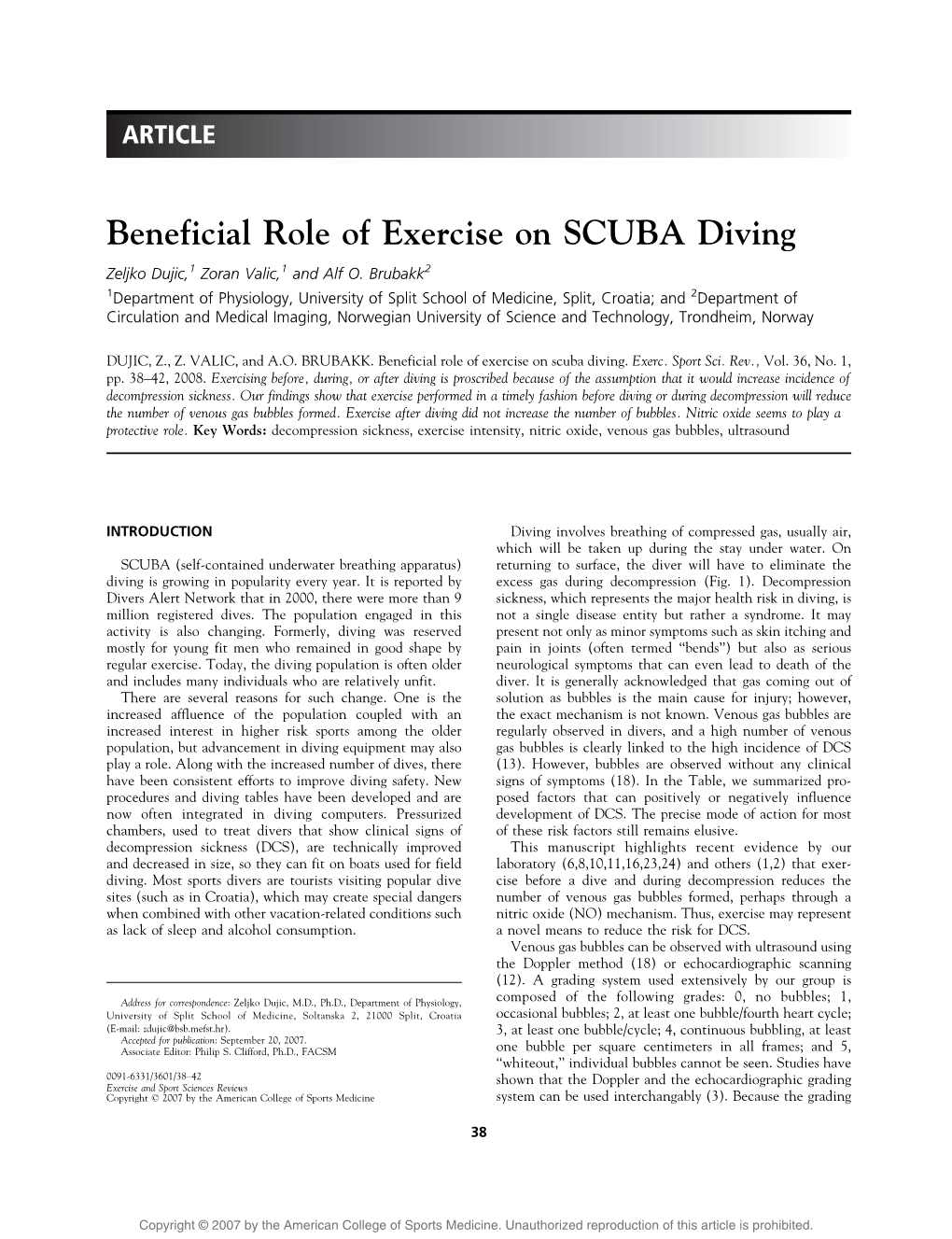 Beneficial Role of Exercise on SCUBA Diving. Exerc Sport