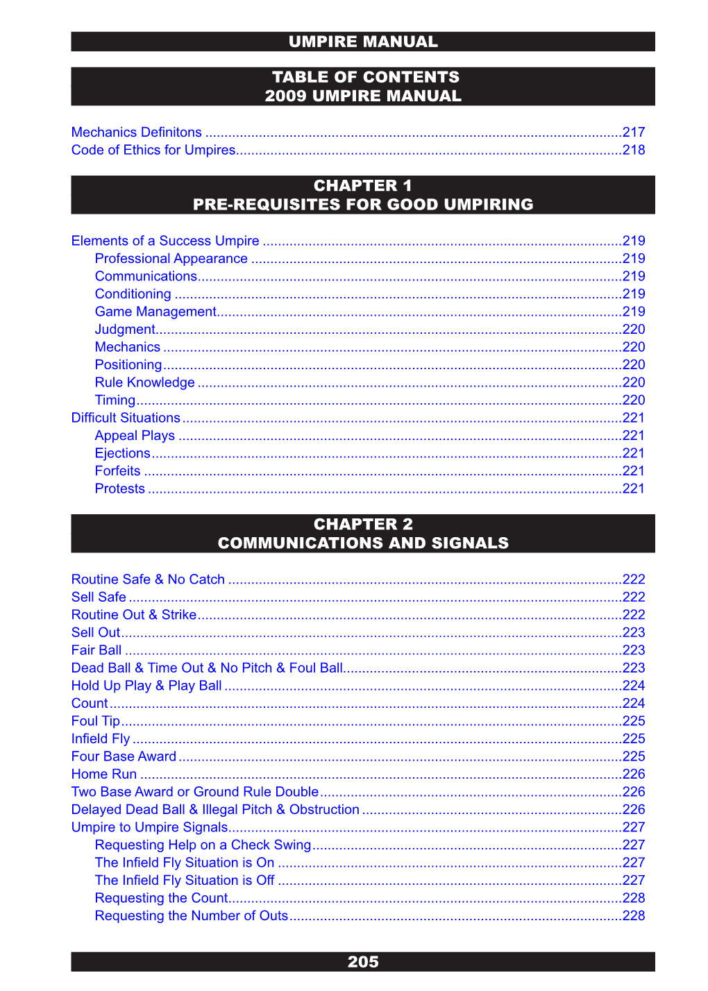 205 Umpire Manual Table of Contents 2009 Umpire