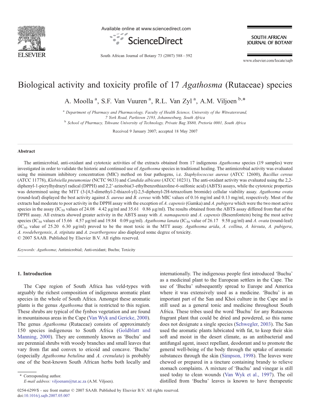 Biological Activity and Toxicity Profile of 17 Agathosma (Rutaceae) Species ⁎ A