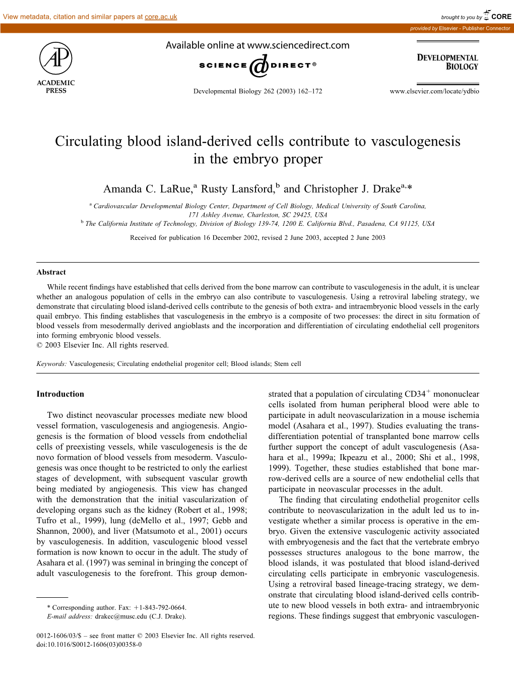 Circulating Blood Island-Derived Cells Contribute to Vasculogenesis in the Embryo Proper