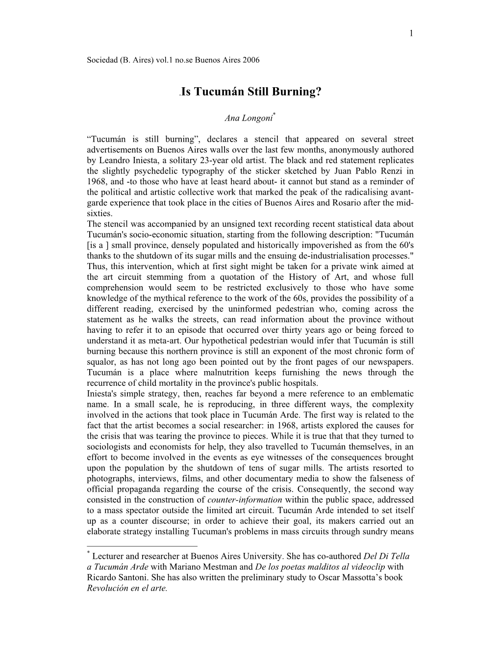 Vol.1 No.Se Buenos Aires 2006 .Is Tucumán Still Burning?