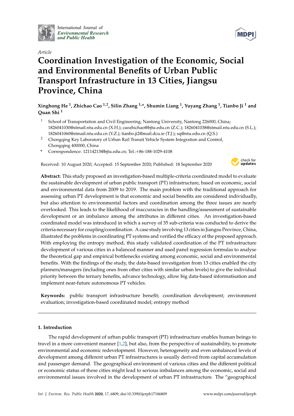 Coordination Investigation of the Economic, Social and Environmental Beneﬁts of Urban Public Transport Infrastructure in 13 Cities, Jiangsu Province, China