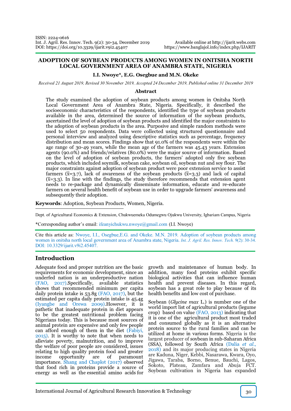 Adoption of Soybean Products Among Women in Onitsha North Local Government Area of Anambra State, Nigeria