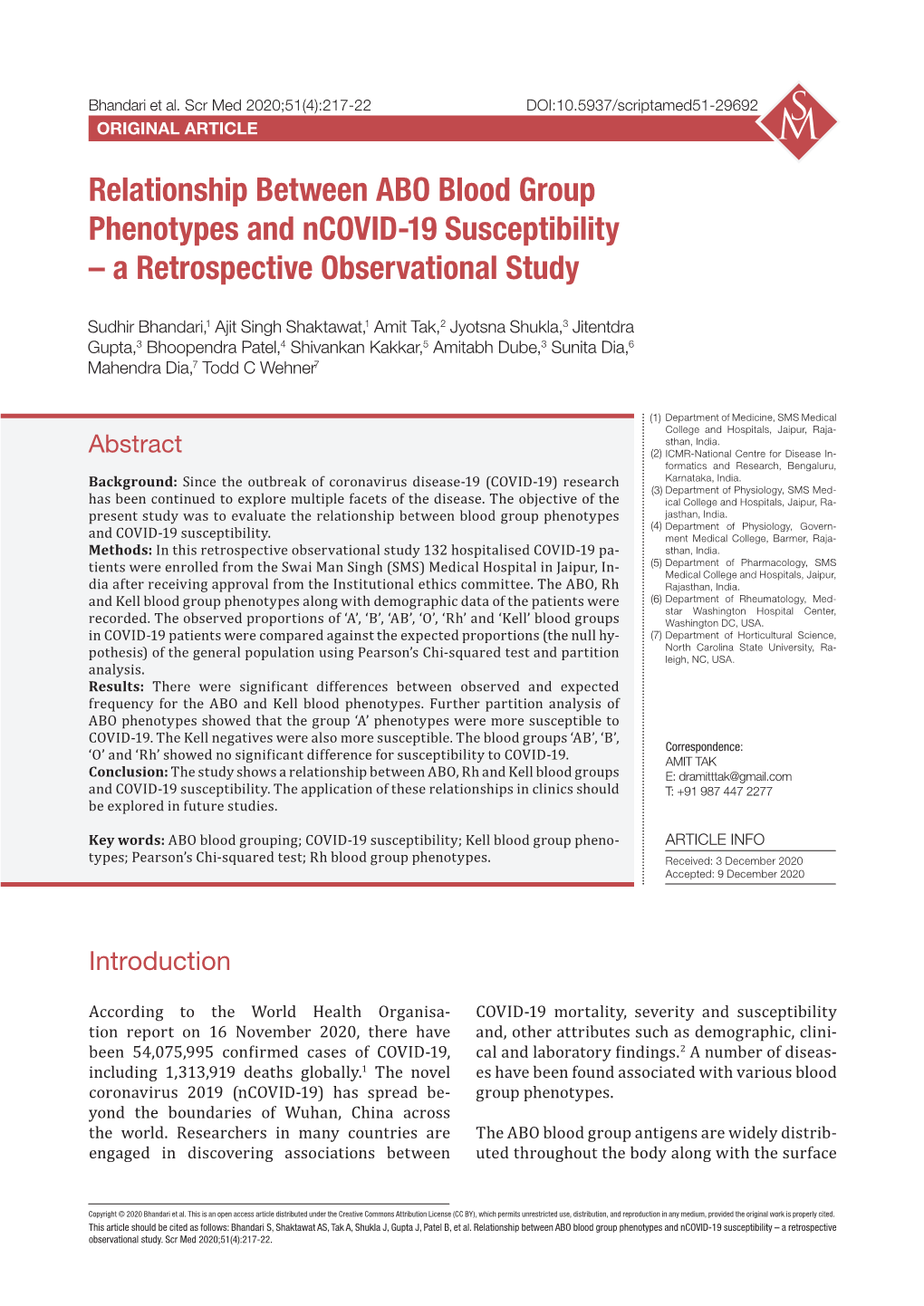 Relationship Between ABO Blood Group Phenotypes and Ncovid-19 Susceptibility – a Retrospective Observational Study