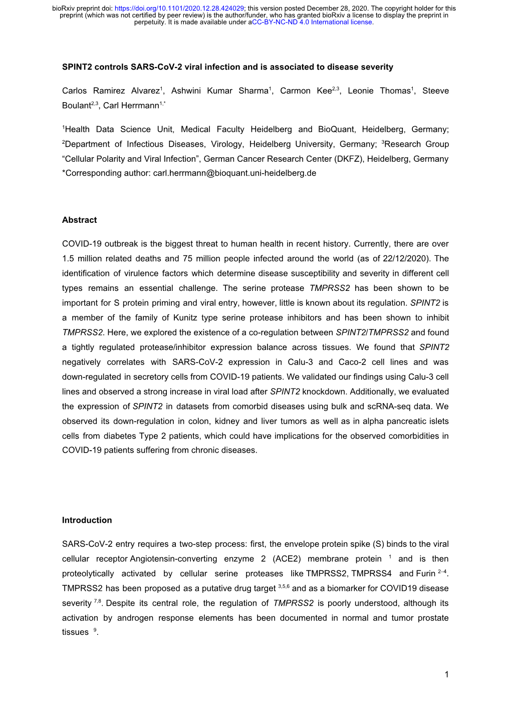 SPINT2 Controls SARS-Cov-2 Viral Infection and Is Associated to Disease Severity