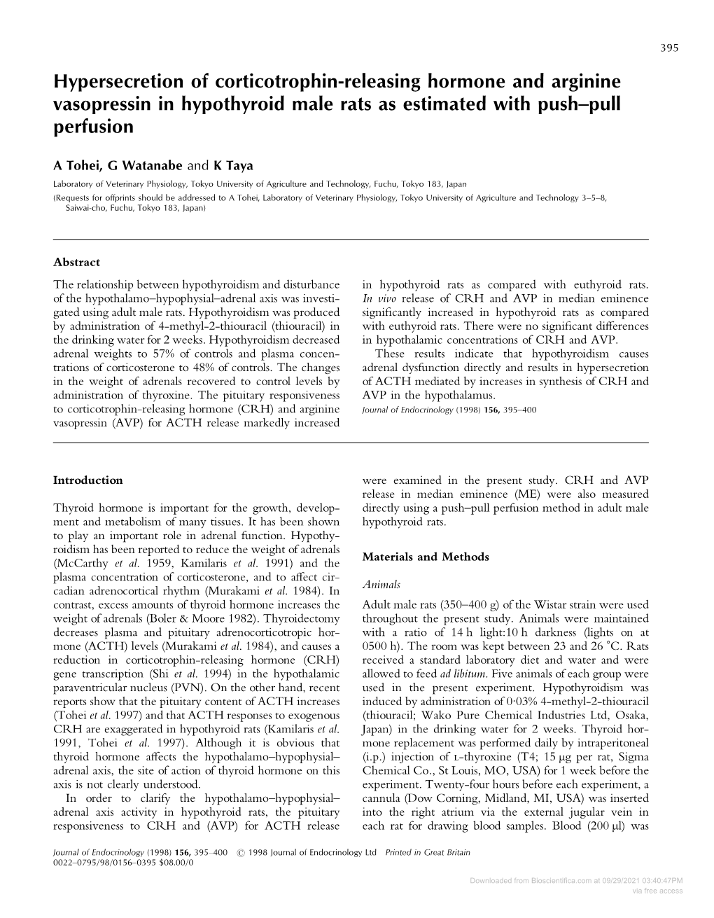 Hypersecretion of Corticotrophin-Releasing Hormone and Arginine Vasopressin in Hypothyroid Male Rats As Estimated with Push–Pull Perfusion