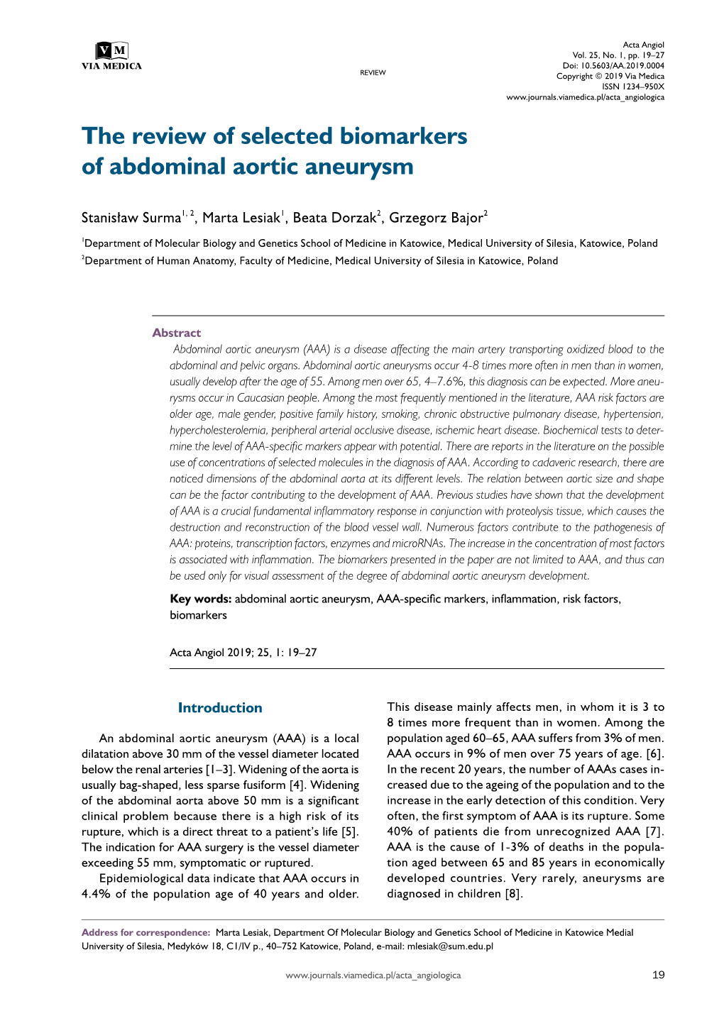 The Review of Selected Biomarkers of Abdominal Aortic Aneurysm