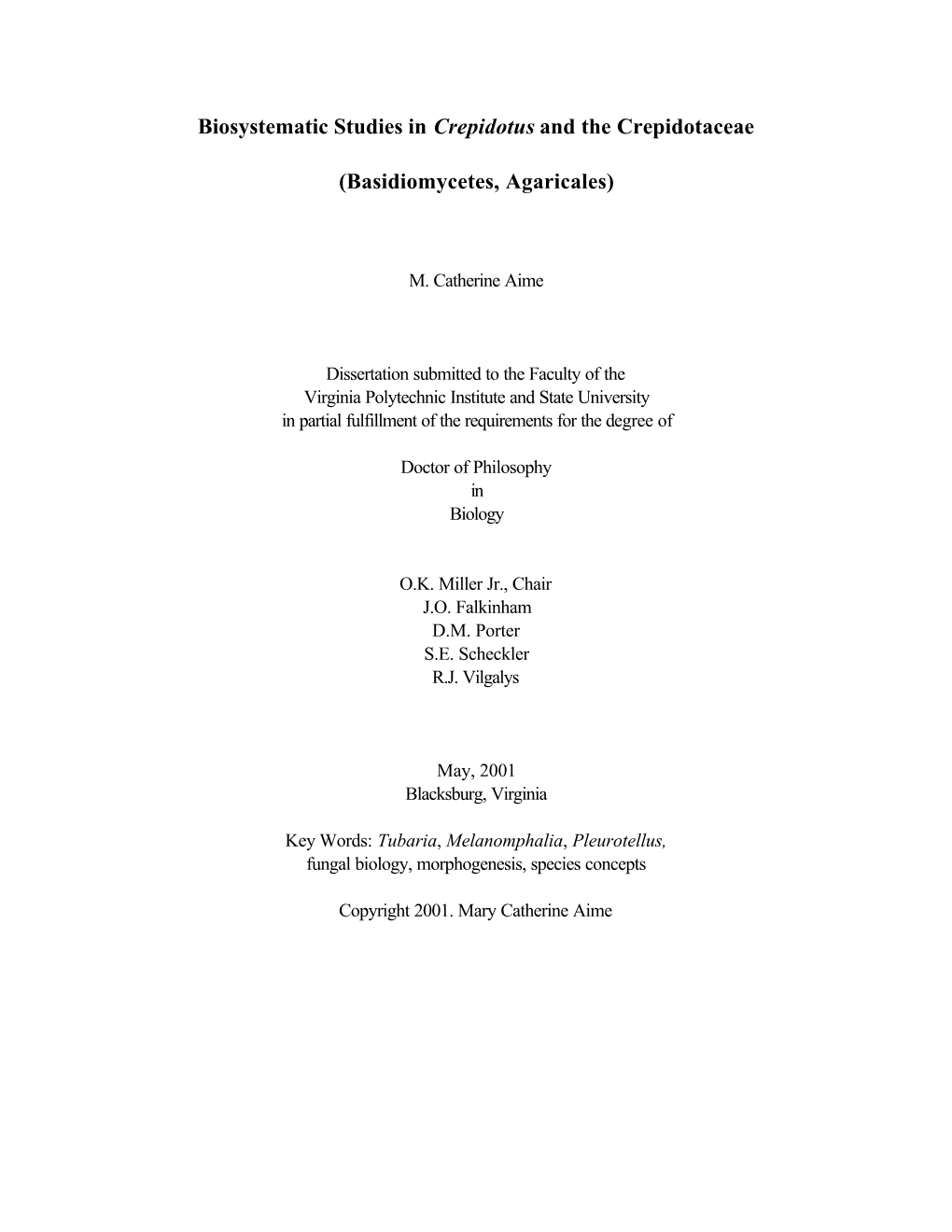 Biosystematic Studies in Crepidotus and the Crepidotaceae