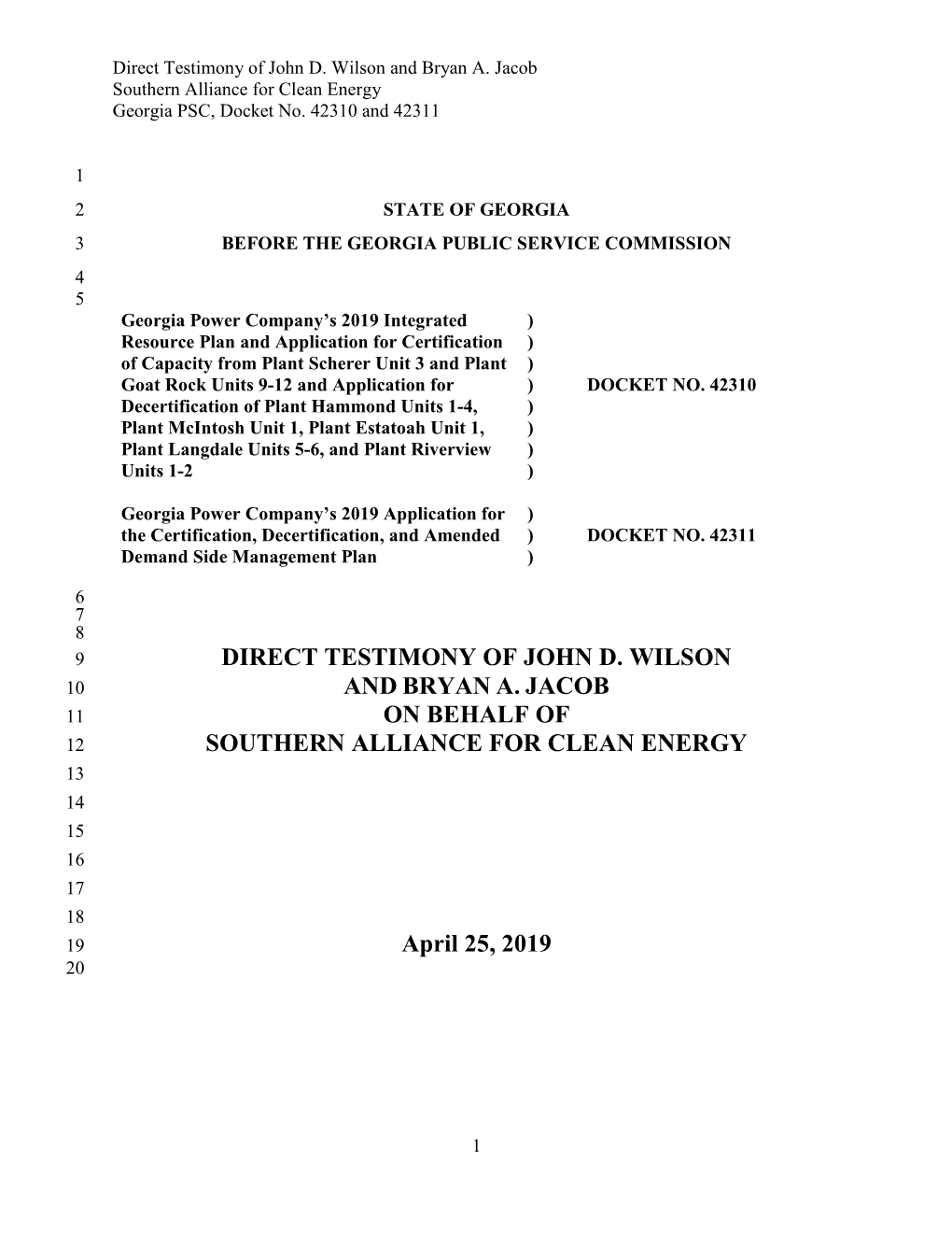 Direct Testimony of John D. Wilson and Bryan A. Jacob Southern Alliance for Clean Energy Georgia PSC, Docket No