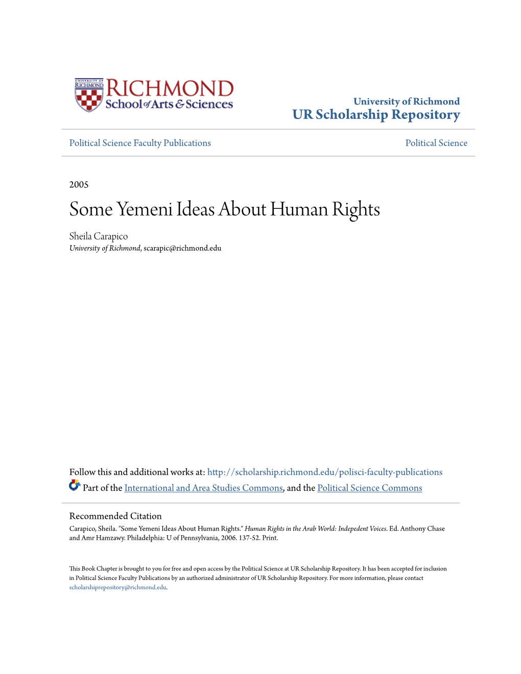 Some Yemeni Ideas About Human Rights Sheila Carapico University of Richmond, Scarapic@Richmond.Edu