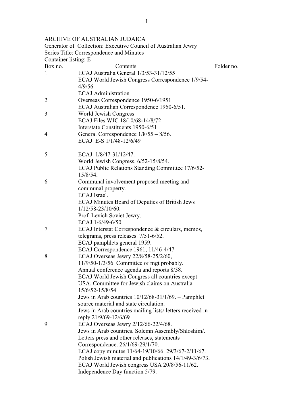 Executive Council of Australian Jewry Series Title: Correspondence and Minutes Container Listing: E Box No